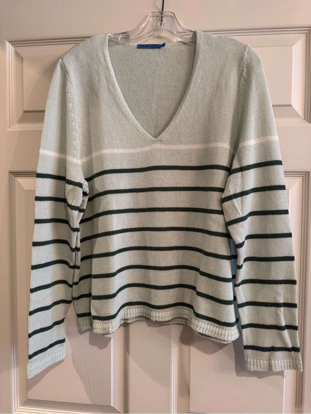J. McLaughlin Mint Green V-Neck Sweater with Dark Green Stripes NWOT